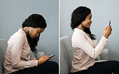 istock Incorrect And Correct Spine Posture Using Smartphone 1324148056
