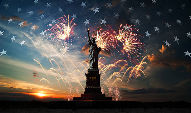 Independence day. Liberty enlightening the world Statue of Liberty on the background of flag usa, sunrise and fireworks fourth of july fireworks stock pictures, royalty-free photos & images