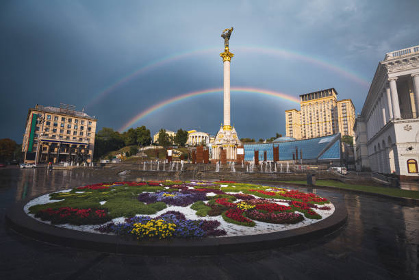 Independence Monument Column at Independence Square with a beautiful double rainbow - Kiev, Ukraine stock photo