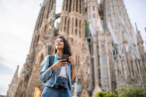 Independent Female Tourist Vacationing in Barcelona stock photo