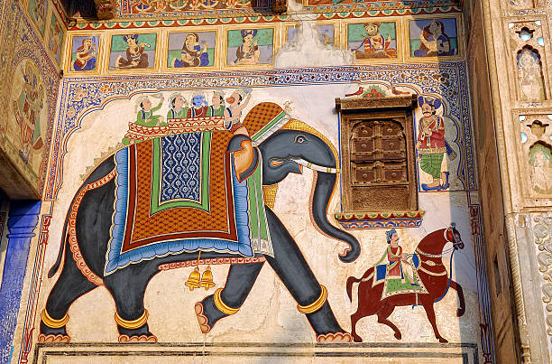 India - Mandawa  fresco on wall stock photo