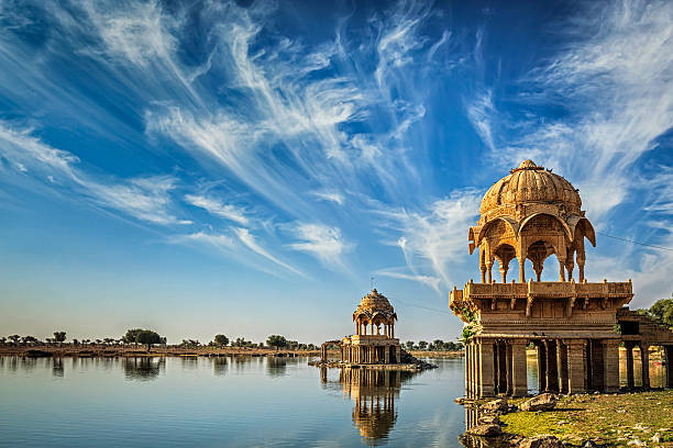 Indian landmark Gadi Sagar in Rajasthan Indian landmark Gadi Sagar - artificial lake. Jaisalmer, Rajasthan, India rajasthan stock pictures, royalty-free photos & images
