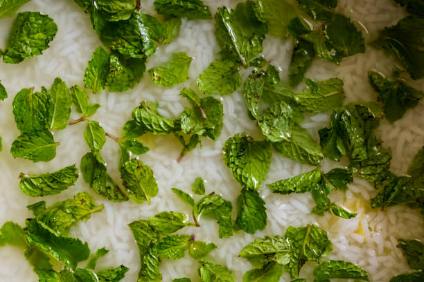 Indian special food water rice close view garnishes with peppermint leafs & ginger with lemon juice. stock photo