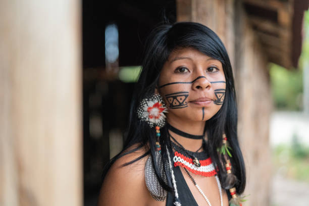 Indigenous Brazilian Young Woman, Portrait from Guarani Ethnicity Beautiful shooting of how Brazilian Natives lives in Brazil indigenous culture stock pictures, royalty-free photos & images