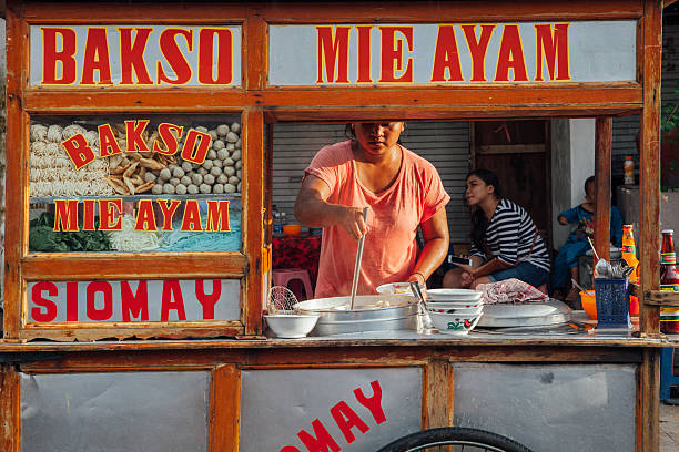 Indonesian meatball soup street stall, Bali stock photo