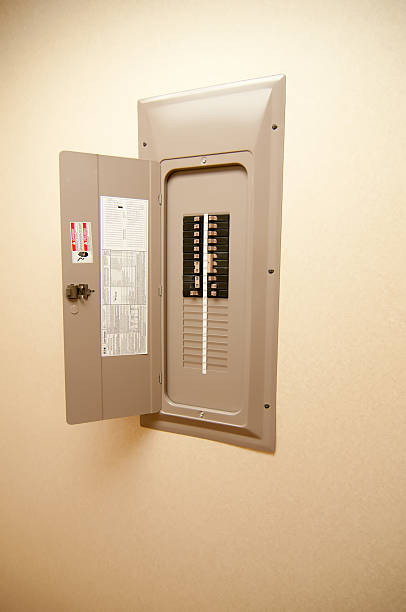 indoor home open electrical breaker panel stock photo