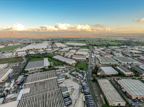 Industrial Area - Aerial view with Drone of Warehouses. Fiano Romano zona industriale stock photo