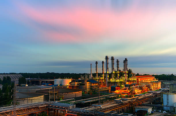 industrial factory with sunset. stock photo
