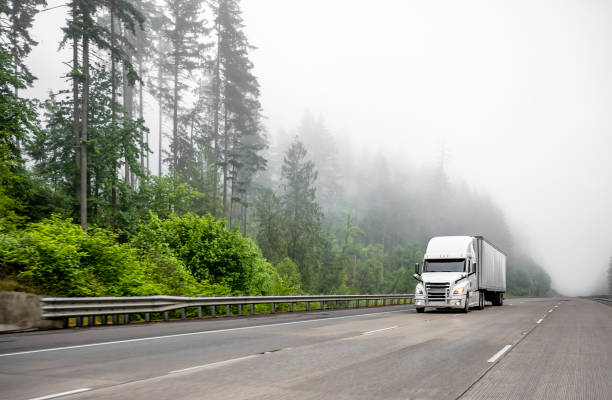 Industrial standard big rig white semi truck transporting cargo in dry van semi trailer running on the wide highway road with fog and trees stock photo