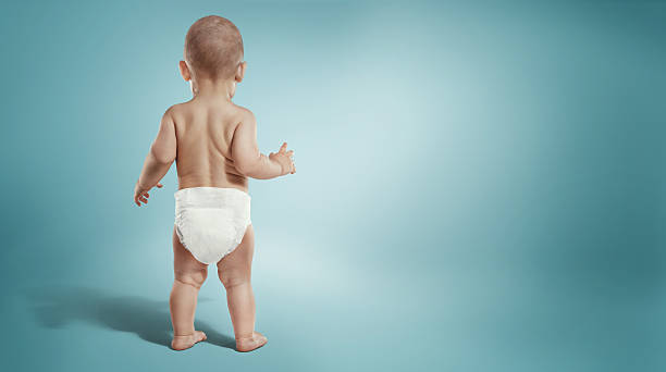 Infant child baby toddler standing in diapers. Back view stock photo