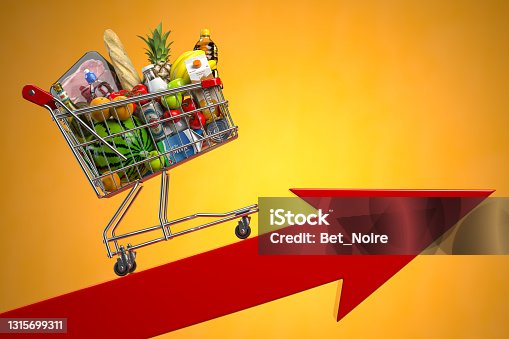 istock Inflation, growth of food sales, growth of market basket or consumer price index concept. Shopping basket with foods on arrow. 1315699311