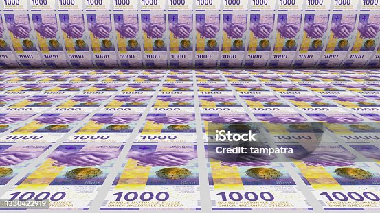 istock Inflation. Swiss franc banknotes or bills, CHF currency cash in Switzerland. Stack of money printing machine. Paper process in central bank. Economic, finance. Laundering.Rich exchange. 3d illustrati 1330422919