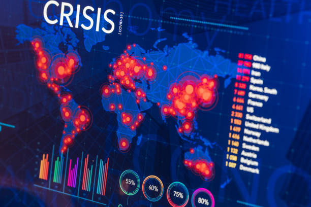 Infographic of global finance and healthcare crisis on digital display Infographic of global finance and healthcare crisis on digital display crisis stock pictures, royalty-free photos & images