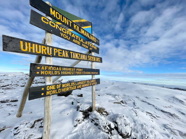 Information desk "Congratulations you are now at Uhuru peak 5895m" Kilimanjaro stratovolcano crater mount - the highest point of Africa and the highest single free-standing mountain in the world. stock photo
