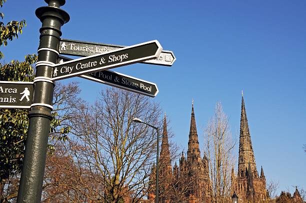 Information sign and Cathedral, Lichfield. stock photo
