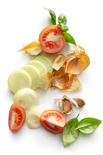 Ingredients: Tomato: Onion, Garlic and Basil Isolated on White Background