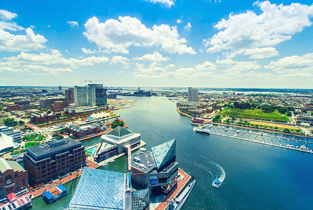 Inner Harbor of Baltimore, Maryland Aerial view of the Inner Harbor of Baltimore, Maryland on a clear summer day baltimore maryland stock pictures, royalty-free photos & images