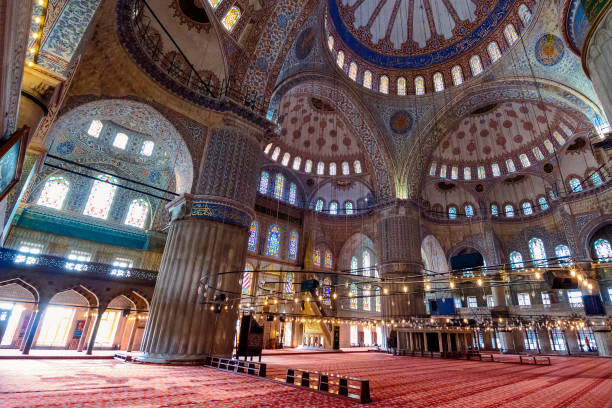 inside interior of blue mosque istanbul, turkey - AUG 18, 2015: inside interior of blue mosque also known as sultan ahmed. functioning mosque is a popular travel destination blue mosque stock pictures, royalty-free photos & images