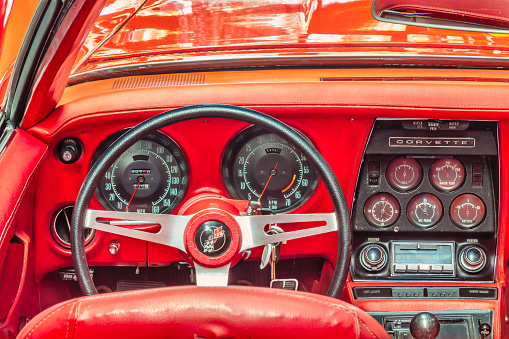 Drempt, The Netherlands - October 8, 2021: Dashboard of a 1970 Chevrolet Corvette C 3 Convertible classic car  in the Dutch village of Drempt, The Netherlands