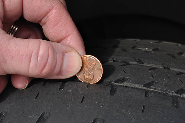 Inspecting Tire Tread Using a Penny stock photo