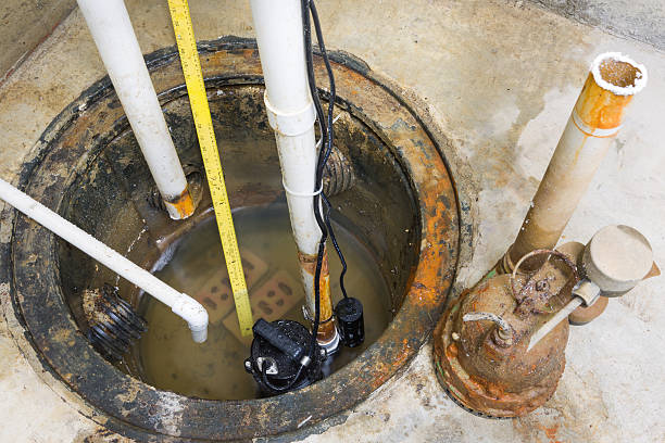 Installation of a new sump pump stock photo