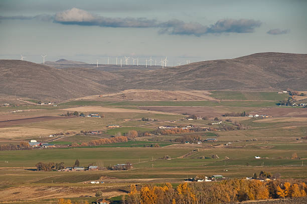 Traditional Farms and Wind Farm in the Distance Installed wind power capacity in Washington State has grown in recent years and the state now ranks among the top ten in the nation with the most wind power installed. As of 2016, wind energy accounted for 7.1% of all energy generated in Washington State. These turbines operate in the Kittitas Valley near Ellensburg, Washington State, USA. jeff goulden wind energy stock pictures, royalty-free photos & images
