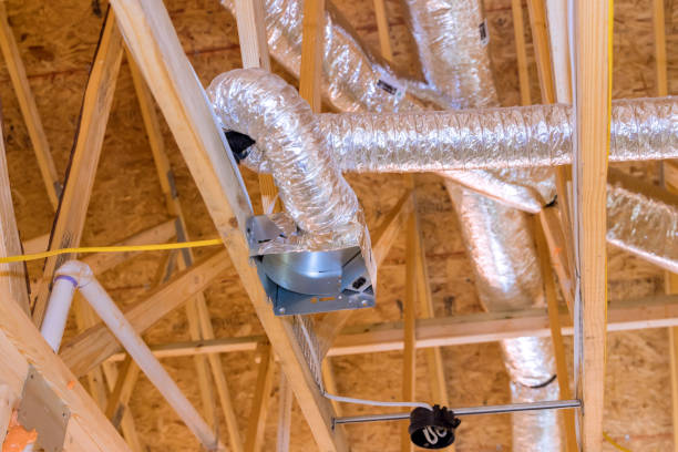 Installing air condition system for ceiling air ventilation and cleaning system pipes stock photo