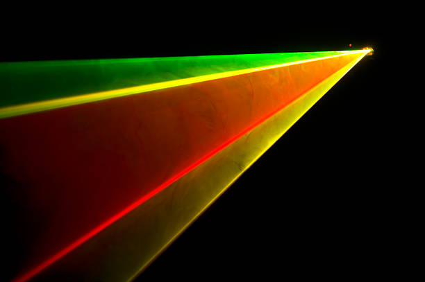 Intense light beams produced during RGY laser aerial display Vibrant beams of red, green and yellow light produced from an RGY laser, used in night clubs, discotheques, and stage lighting to create stunning aerial displays. dmx stock pictures, royalty-free photos & images