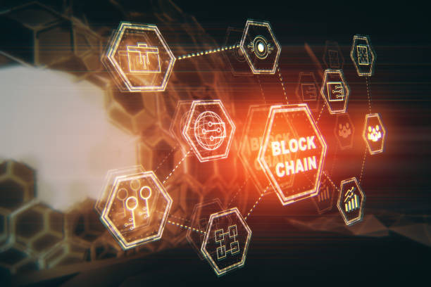 Interface concept Side view of block chain hologram on blurry pattern background. Interface concept. 3D Rendering blockchain stock pictures, royalty-free photos & images
