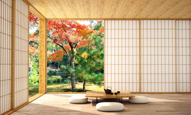 interieur design in de moderne woonkamer met houten vloer en witte muur die is ontworpen in japanse stijl, 3d-illustratie, 3d-rendering - japan stockfoto's en -beelden