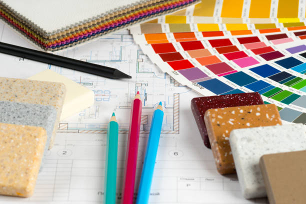 interior designer working place with material samples stock photo