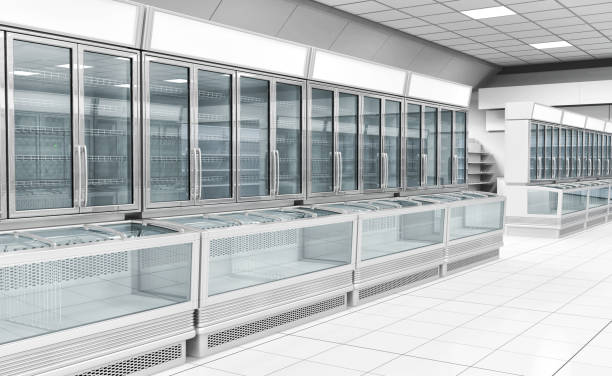 Interior empty supermarket with  showcases freezer Interior empty supermarket with  showcases freezer. 3d illustration market retail space photos stock pictures, royalty-free photos & images