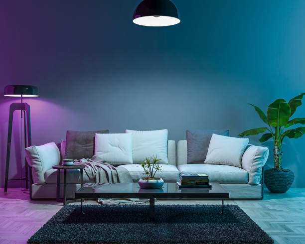 Interior empty wall by night colored light mode Interior empty wall by night colored light mode. 3D render home automation stock pictures, royalty-free photos & images