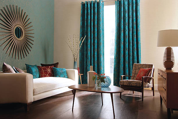interior image of a contemporary living room - cortina imagens e fotografias de stock