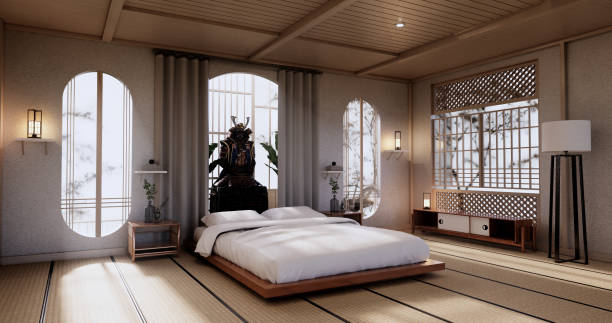 Interior Luxury modern Japanese style bedroom mock up, Designing the most beautiful. 3D rendering stock photo
