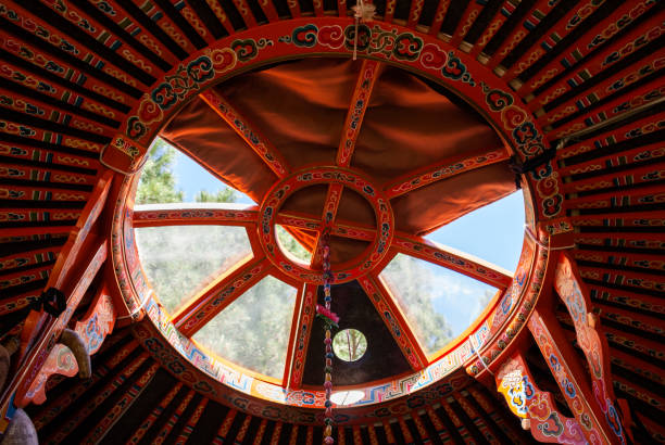 Interior of a mongolian yurt. Detail of the roof window. Kazakhstan traditional house stock photo
