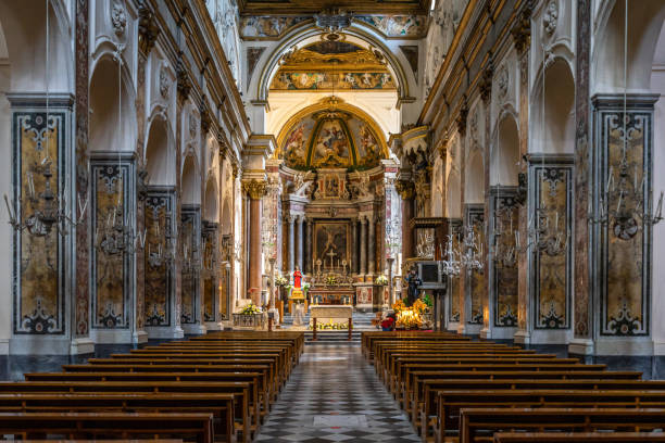 Interior of Amalfi Cathedral (Cattedrale di Sant'Andrea) seen from the entrance, Italy stock photo