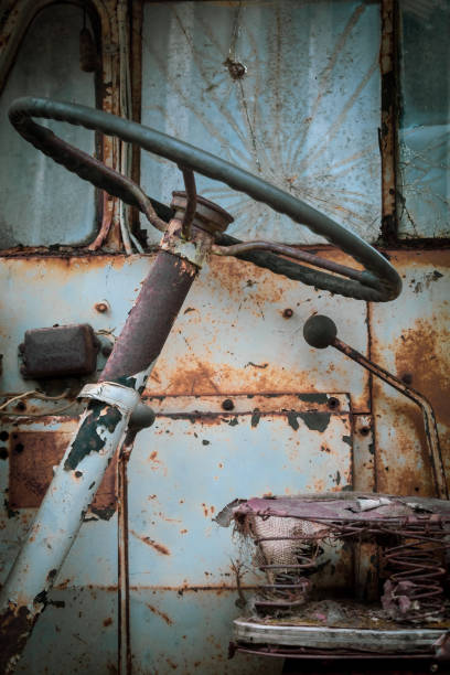 Interior Of An Old Rusty Vehicle stock photo