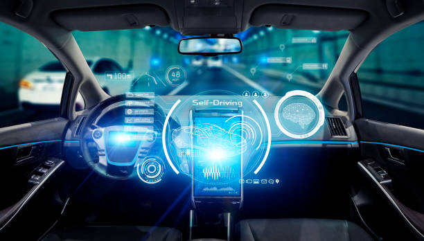 interior del coche autónomo. vehículo sin conductor. autoconducción. ugv. - tecnología autónoma fotografías e imágenes de stock