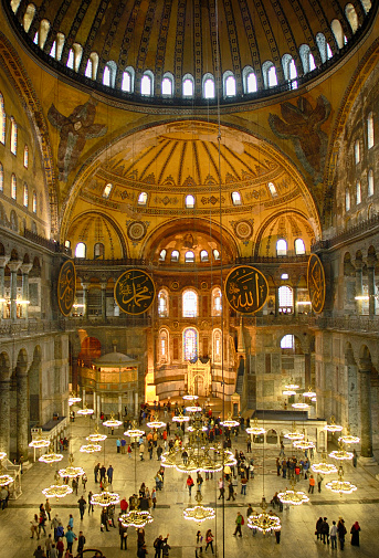 Interior of Aya Sophia (Hagia Sophia) and visitors in Istanbul, Turkey