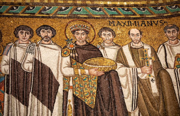 Interior of Basilica of San Vitale in Ravenna. Italy Ravenna, Italy - Sept 11, 2019: Mosaic of Byzantine emperor Justinian, Bishop Maximian, general Belisarius and attendants in Basilica of San Vitale AD547, Ravenna, Emilia-Romagna, Italy byzantine stock pictures, royalty-free photos & images