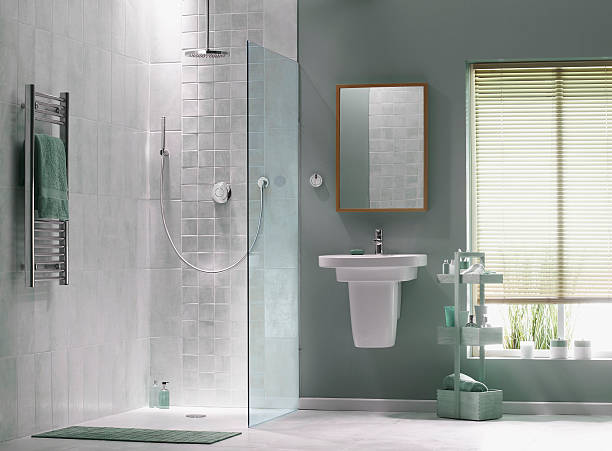 Interior of bathroom in cool green stock photo