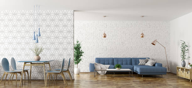 interiér obývacího pokoje s pohovkou a stolem a židlemi 3d vykreslování - tapeta - stock snímky, obrázky a fotky