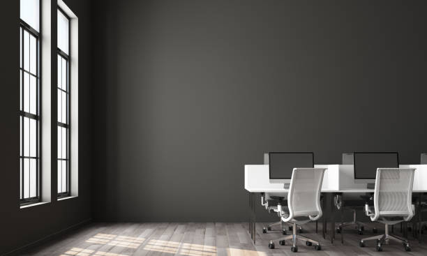 wnętrze nowoczesnego czarnego biura z rzędami białych stołów komputerowych z białymi krzesłami, drewnianą podłogą. renderowanie 3d - office background zdjęcia i obrazy z banku zdjęć