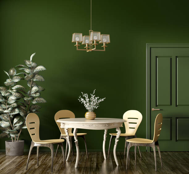 Interior of modern dining room 3d rendering Interior of modern dining room, wooden classic table and cream chairs against dark green wall with door 