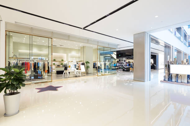 interior of modern hallway interior of hallway in shopping mall clothing store photos stock pictures, royalty-free photos & images