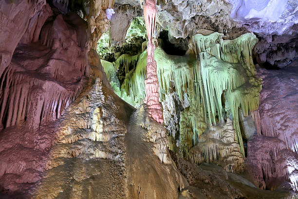 Interior of Natural Cave in Andalusia, Spain Nerja, Spain - August 25, 2014: Interior of Natural Cave in Andalusia, Spain -- Inside the Cuevas de Nerja are a variety of geologic cave formations which create interesting patterns nerja stock pictures, royalty-free photos & images