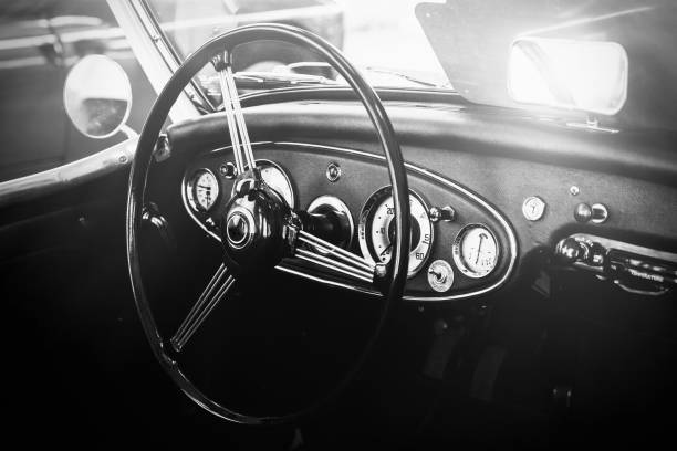 Interior view of classic vintage car. Instagram toning. Beautiful retro car poster, postcard. Interior view of classic vintage car. Instagram toning. Beautiful retro car poster, postcard. torpedo weapon stock pictures, royalty-free photos & images
