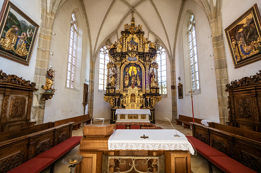Interior view of the 15th century church Mariä Heimsuchung in Zell am Pettenfirst, Austria, with the carved high altar by Thomas Schwanthaler from 1668
