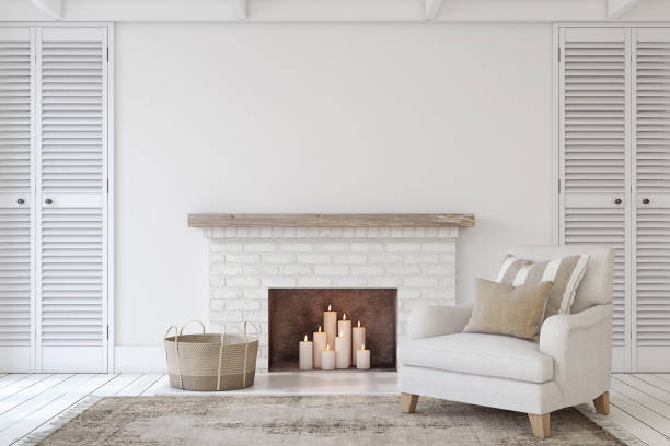 Interior with fireplace. stock photo
